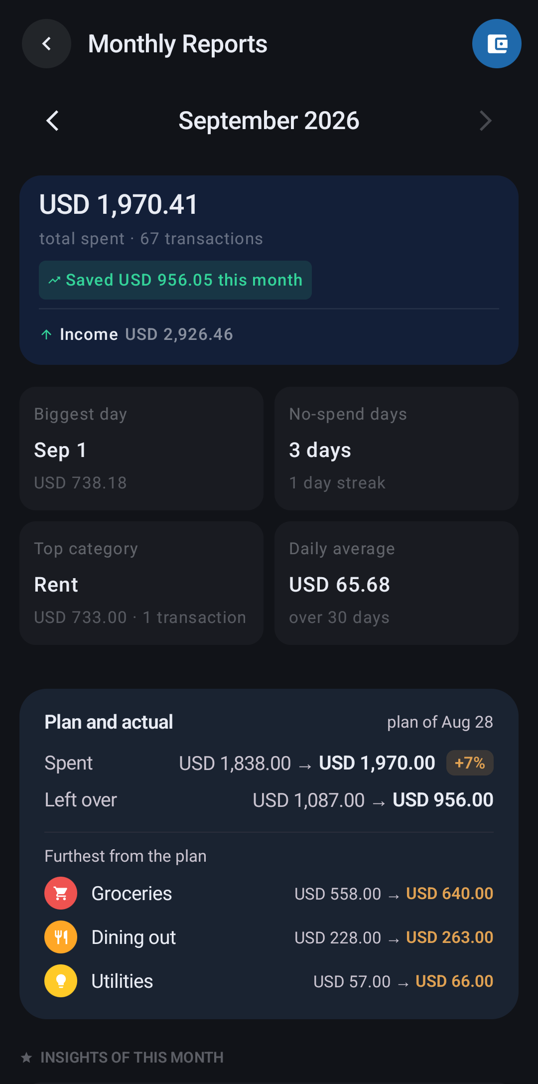 App screen: Monthly summary